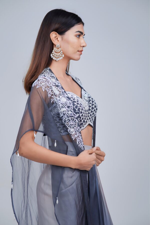 Midnight Ombre Draped Saree Set with Embroidered Cape