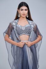 Midnight Ombre Draped Saree Set with Embroidered Cape