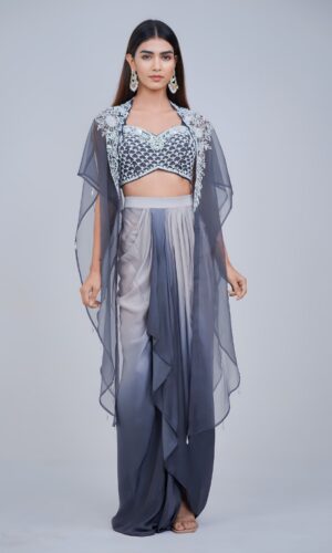 Midnight Ombre Draped Saree Set with Embroidered Cape