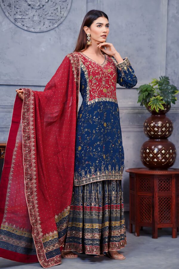 Dark Blue Digital Printed Pakistani Suit With Red Contrast And Flared Garara