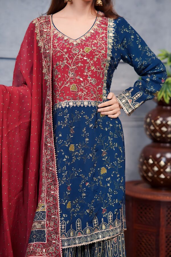 Dark Blue Digital Printed Pakistani Suit With Red Contrast And Flared Garara