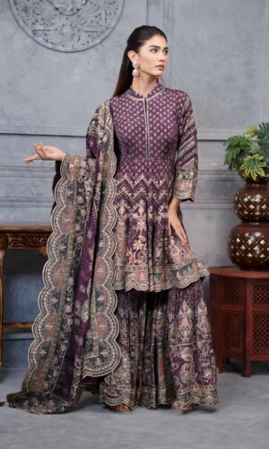 Purple Digital Printed Frock Suit With Garara And Golden Highlites