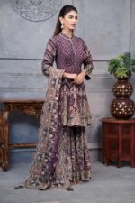 Purple Digital Printed Frock Suit With Garara And Golden Highlites