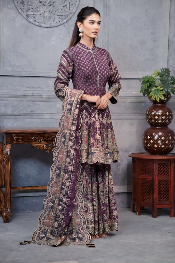 Purple Digital Printed Frock Suit With Garara And Golden Highlites