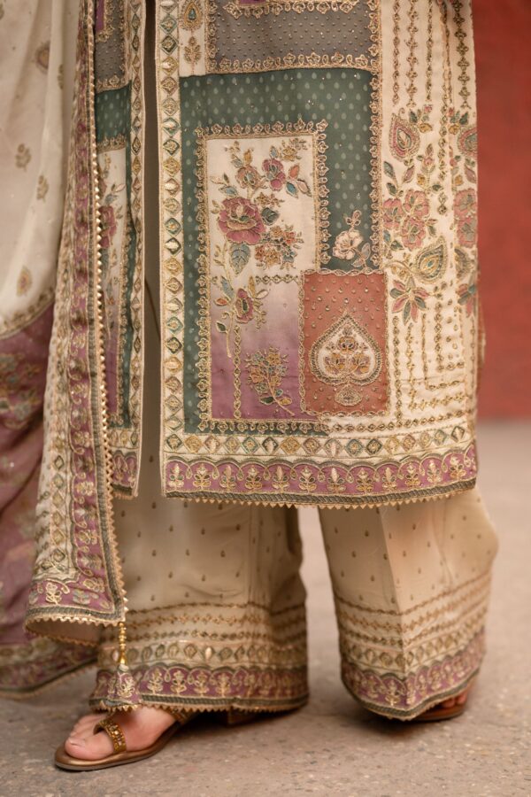Elegant Cream Beige Pakistani Suit with Sleek Digital Prints Golden Highlights & Odhani  Dupatta