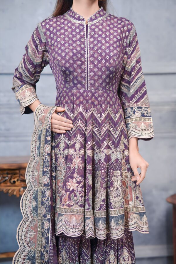 Purple Digital Printed Frock Suit With Garara And Golden Highlites