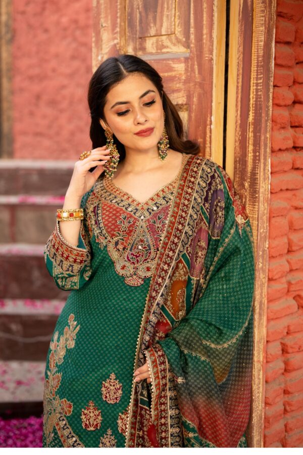 Glamorous Green Plazo Suit with Subtle Multi  Prints