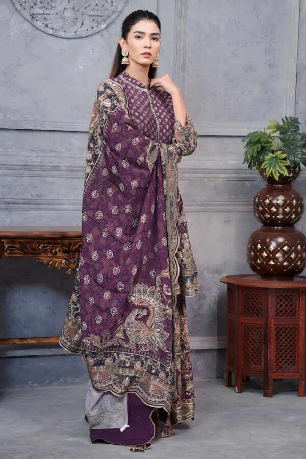 Purple Digital Printed Frock Suit With Garara And Golden Highlites