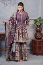 Purple Digital Printed Frock Suit With Garara And Golden Highlites
