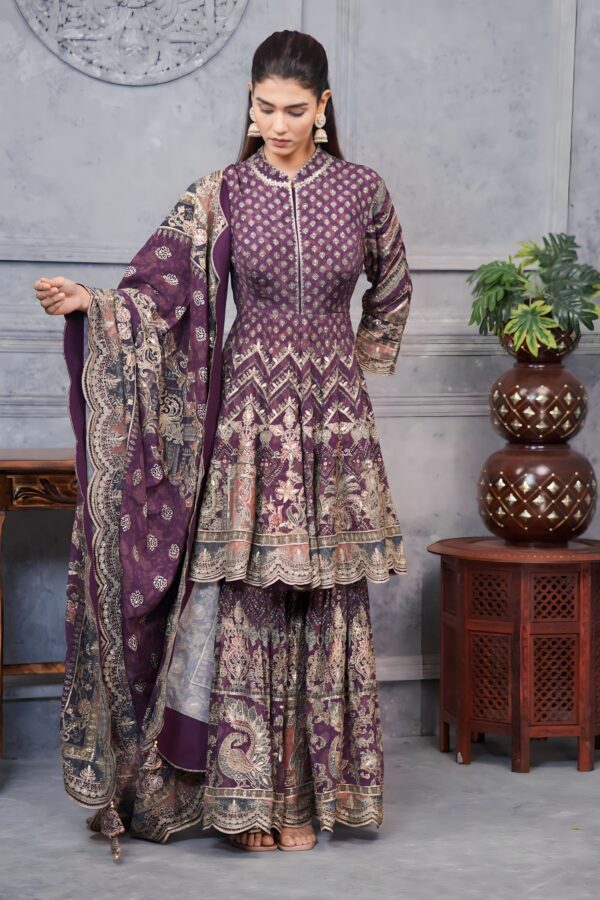 Purple Digital Printed Frock Suit With Garara And Golden Highlites