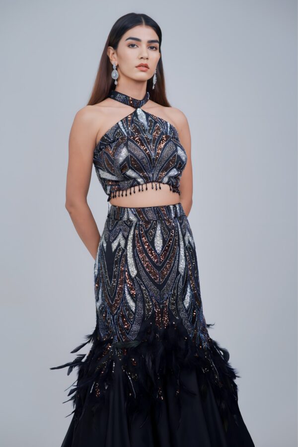 Black Indo western Halter Neck Mermaid Lehenga Set