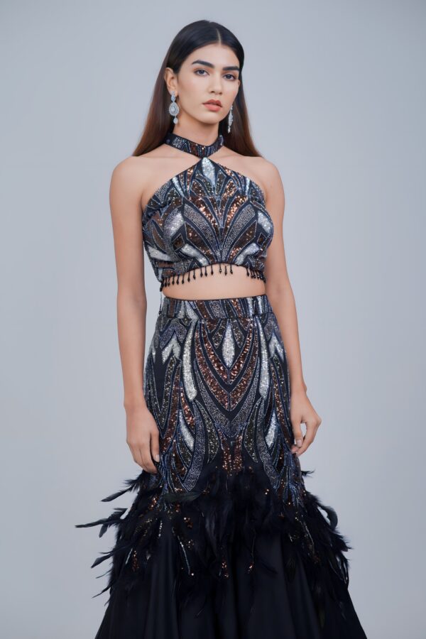 Black Indo western Halter Neck Mermaid Lehenga Set