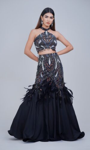 Black Indo western Halter Neck Mermaid Lehenga Set