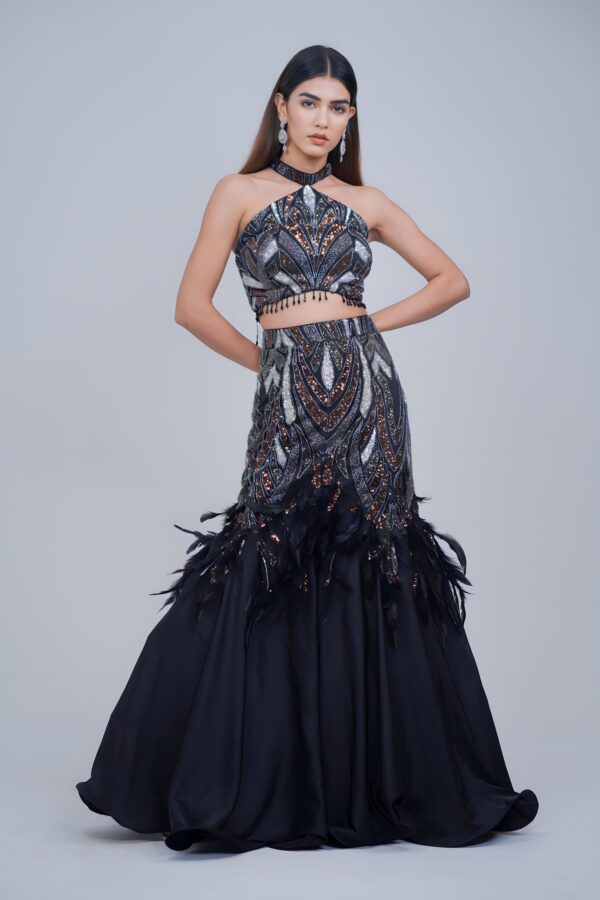 Black Indo western Halter Neck Mermaid Lehenga Set