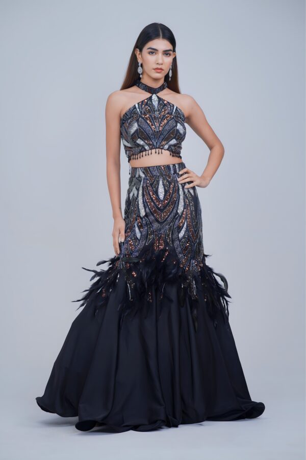 Black Indo western Halter Neck Mermaid Lehenga Set