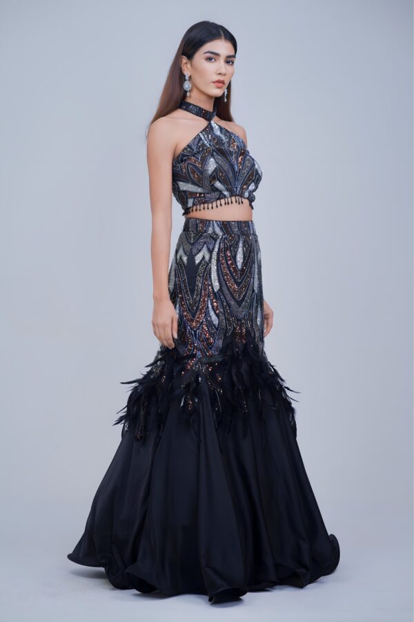 Black Indo western Halter Neck Mermaid Lehenga Set