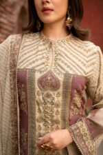 Elegant Cream Beige Pakistani Suit with Sleek Digital Prints Golden Highlights & Odhani  Dupatta