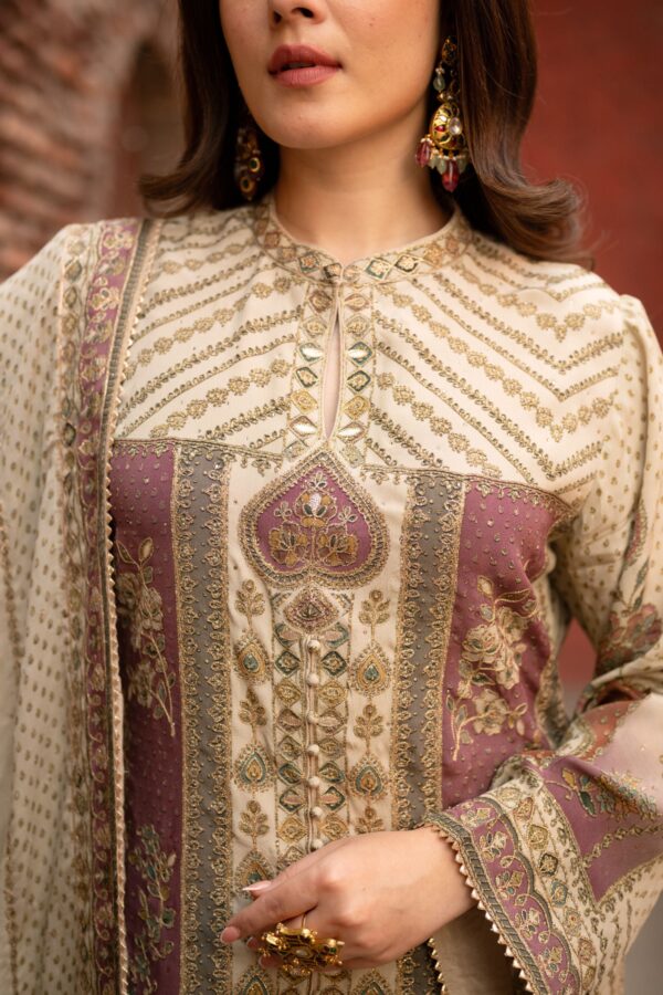 Elegant Cream Beige Pakistani Suit with Sleek Digital Prints Golden Highlights & Odhani  Dupatta