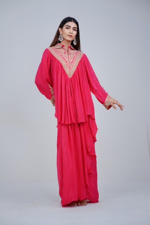 Bright Pink Embellish Collar Kaftan Set