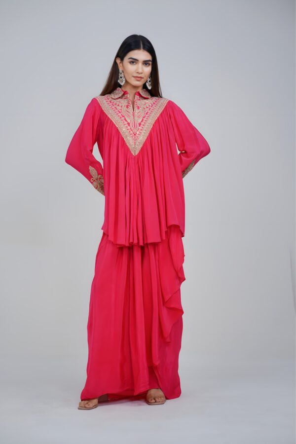 Bright Pink Embellish Collar Kaftan Set
