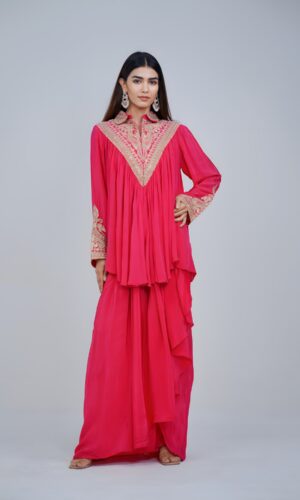 Bright Pink Embellish Collar Kaftan Set