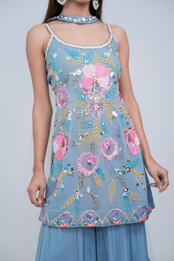 Subtle Blue Girly Garara Suit With Multi Highlights