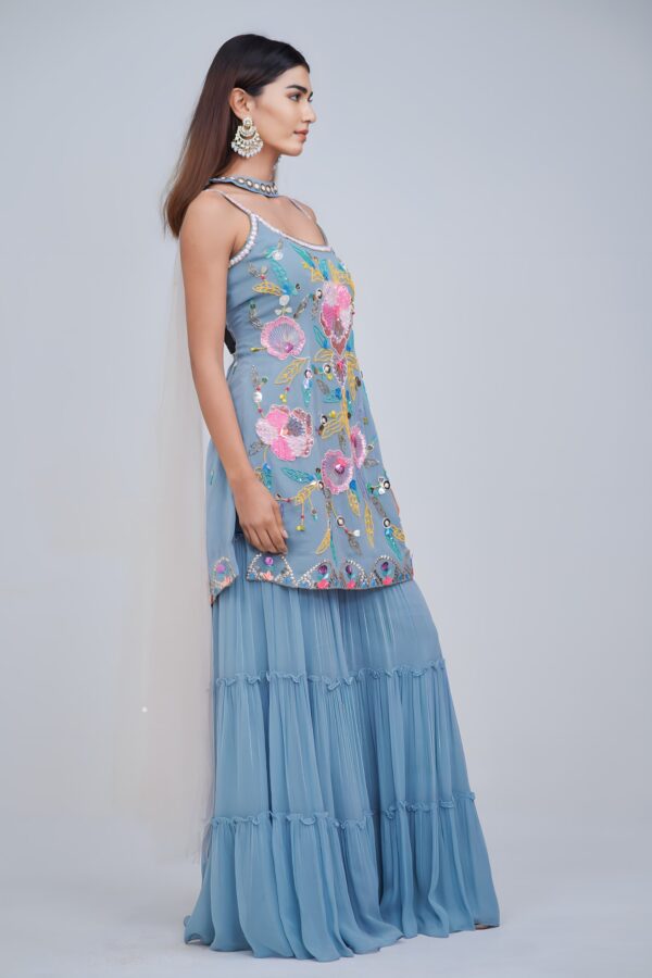 Subtle Blue Girly Garara Suit With Multi Highlights