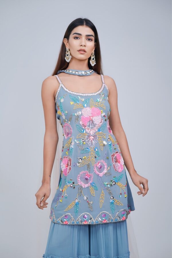 Subtle Blue Girly Garara Suit With Multi Highlights
