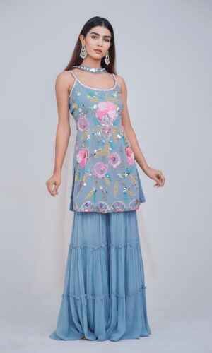 Subtle Blue Girly Garara Suit With Multi Highlights