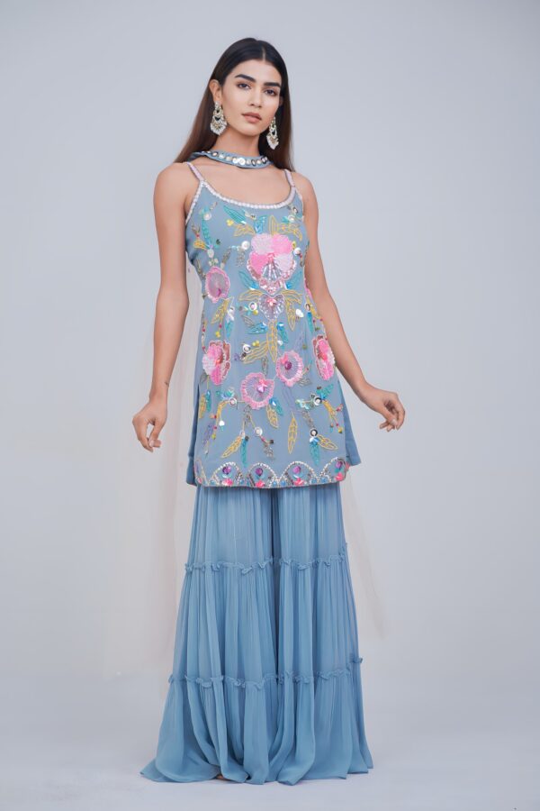 Subtle Blue Girly Garara Suit With Multi Highlights