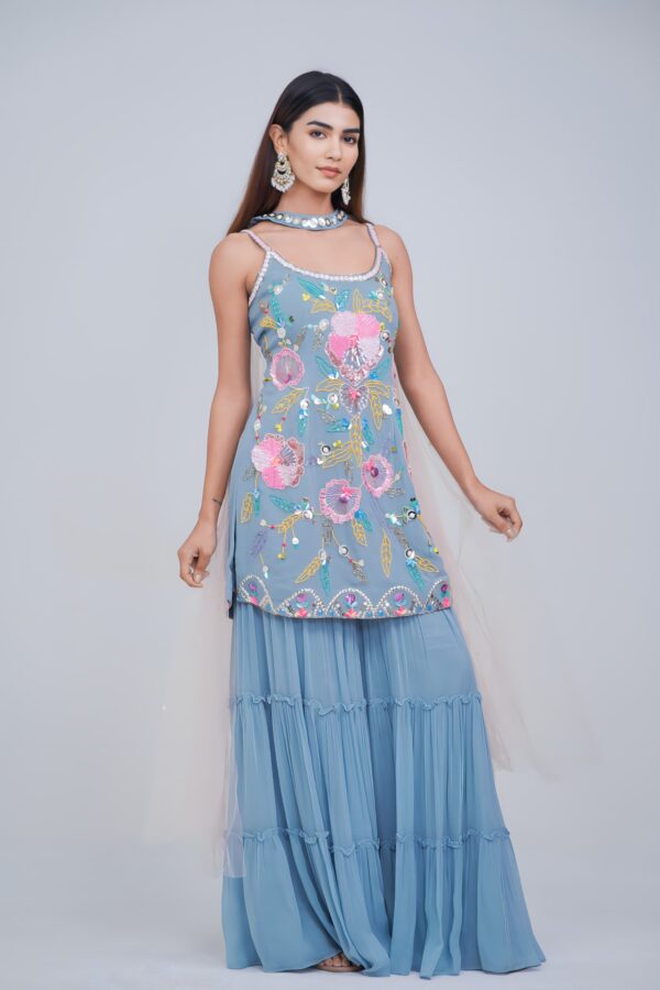 Subtle Blue Girly Garara Suit With Multi Highlights