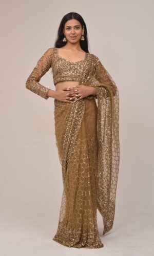 Luxe Gold Sequin Embroidered Net Saree Set