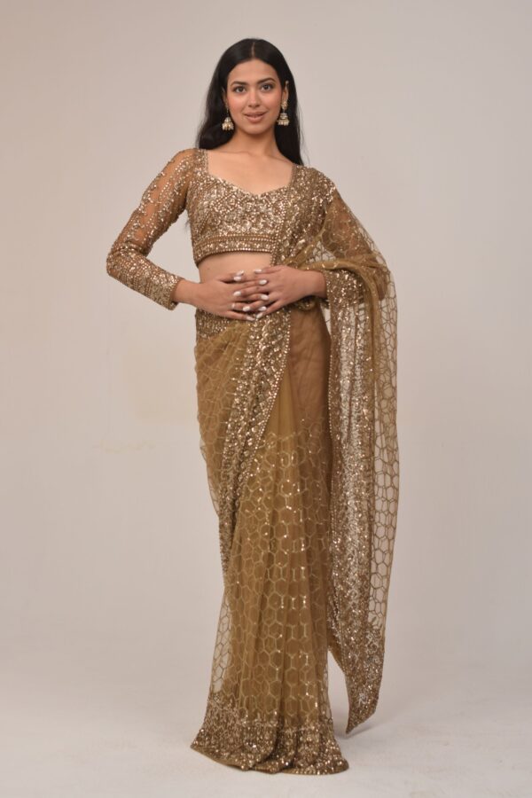 Luxe Gold Sequin Embroidered Net Saree Set