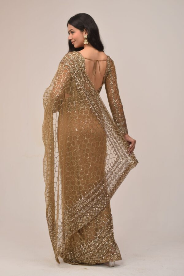 Luxe Gold Sequin Embroidered Net Saree Set