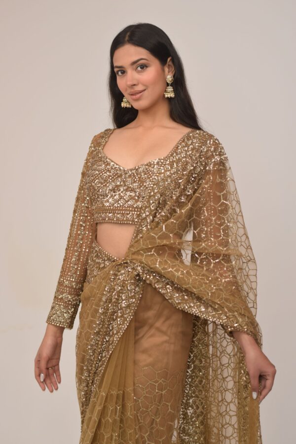 Luxe Gold Sequin Embroidered Net Saree Set