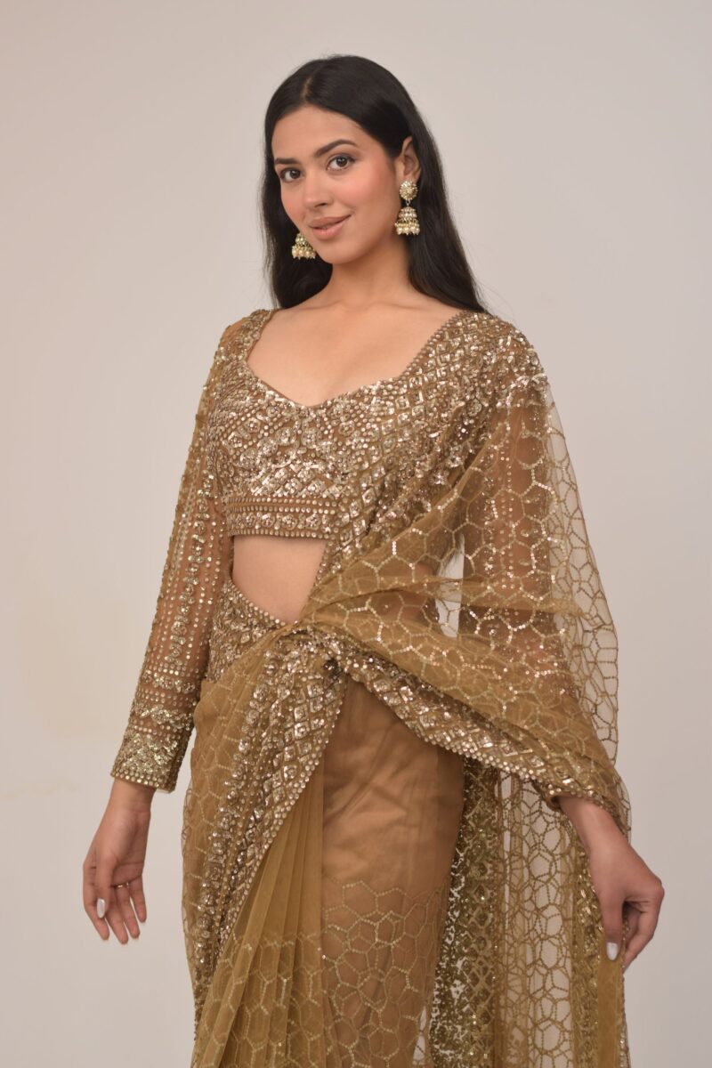 Luxe Gold Sequin Embroidered Net Saree Set