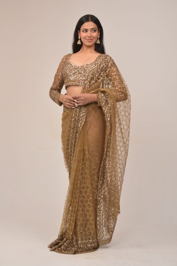 Luxe Gold Sequin Embroidered Net Saree Set