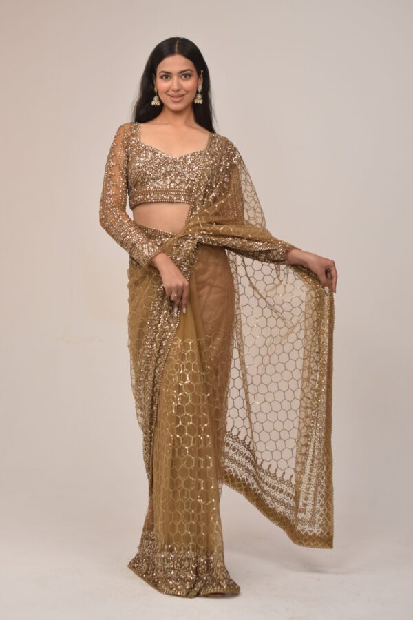 Luxe Gold Sequin Embroidered Net Saree Set