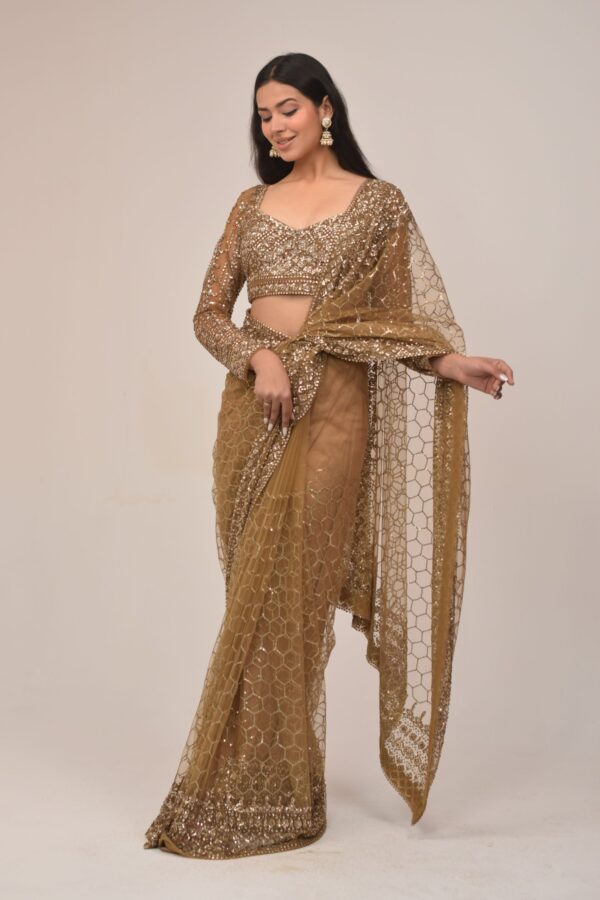 Luxe Gold Sequin Embroidered Net Saree Set
