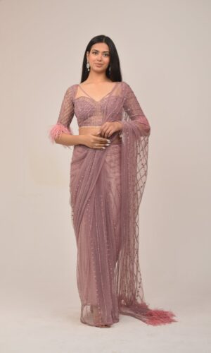 Antique Onion Intricate Saree- Feather Detailing