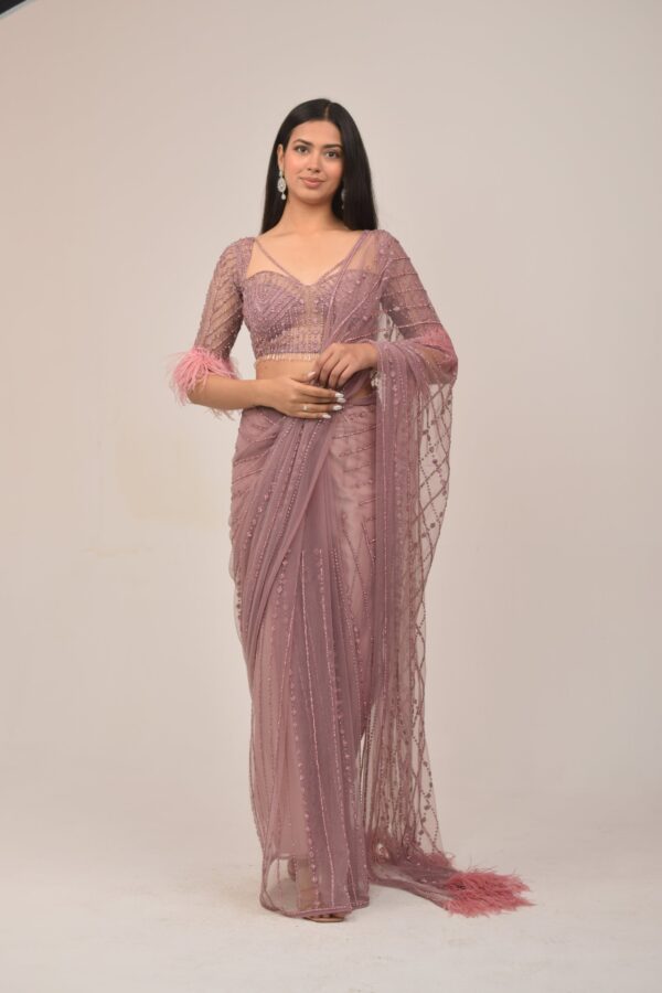 Antique Onion Intricate Saree- Feather Detailing