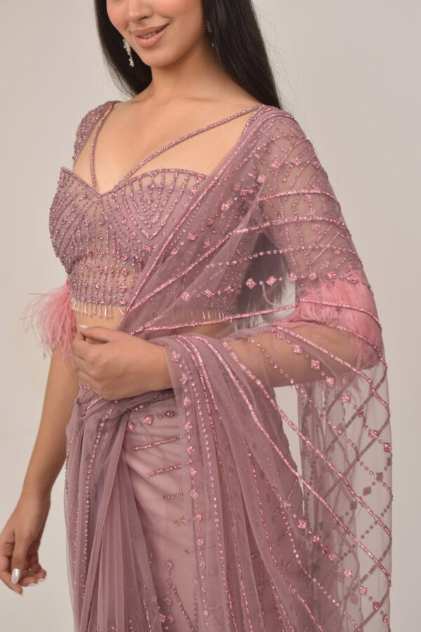 Antique Onion Intricate Saree- Feather Detailing