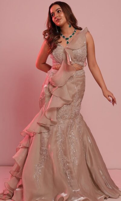 Exquisite Mermaid Lehenga Choli with Ruffle Embroidery and Bead Detail