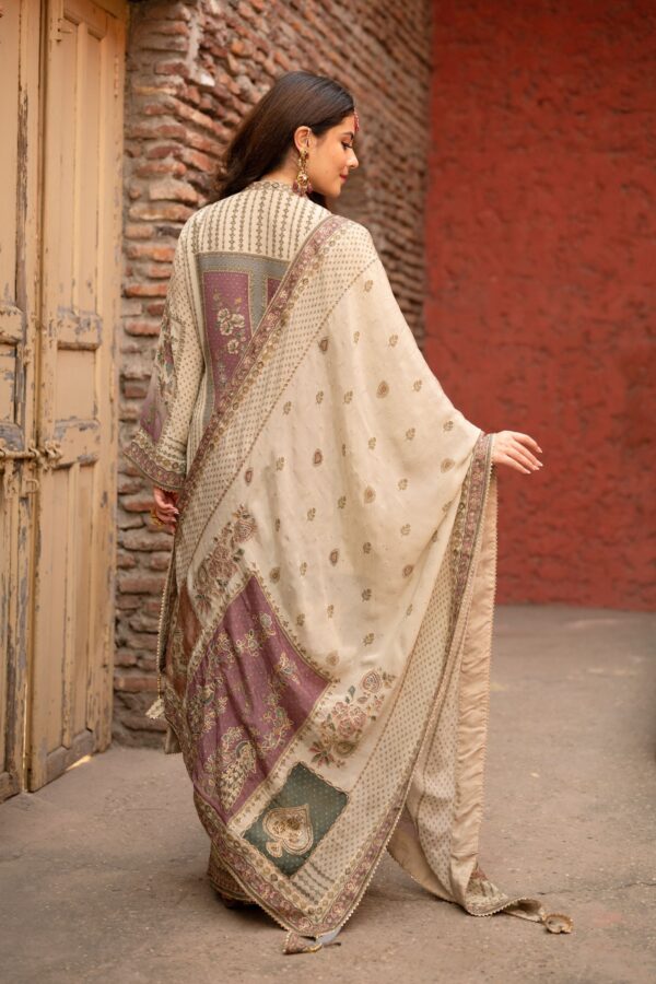 Elegant Cream Beige Pakistani Suit with Sleek Digital Prints Golden Highlights & Odhani  Dupatta