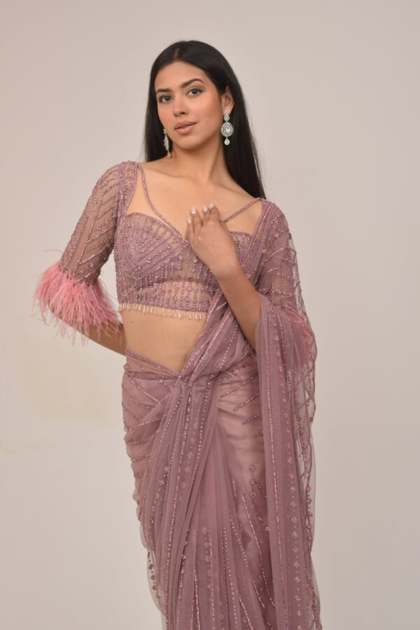 Antique Onion Intricate Saree- Feather Detailing