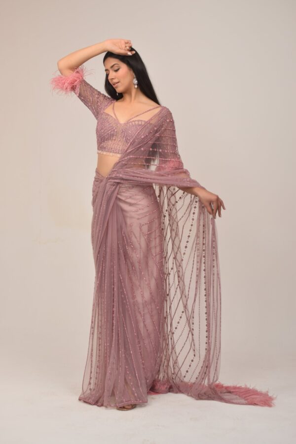 Antique Onion Intricate Saree- Feather Detailing