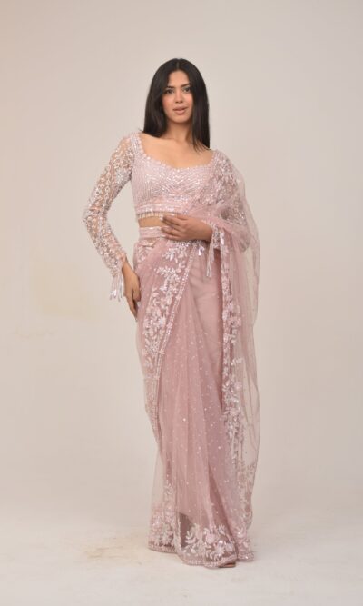 Pastel Pink Embellished Saree-Bead Highlights