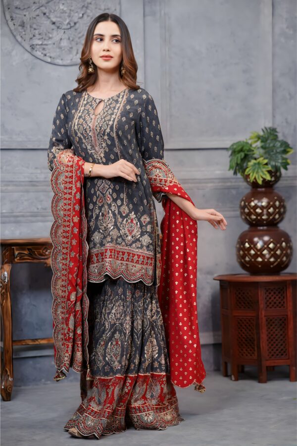 Gray and Red Pure Crepe Garara Ensemble