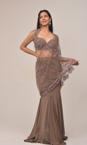 Elegant Mauve Embroidered Mermaid Saree Set