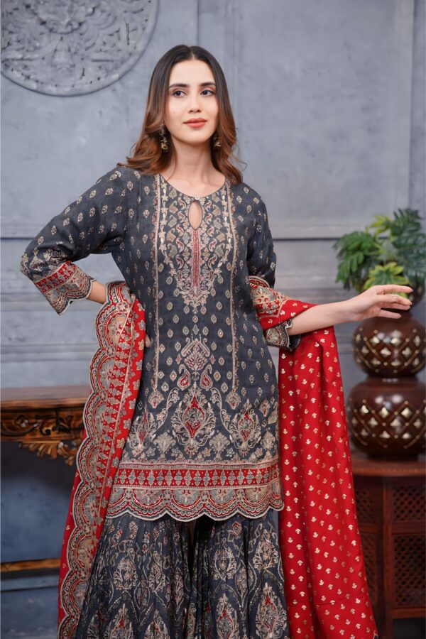 Gray and Red Pure Crepe Garara Ensemble